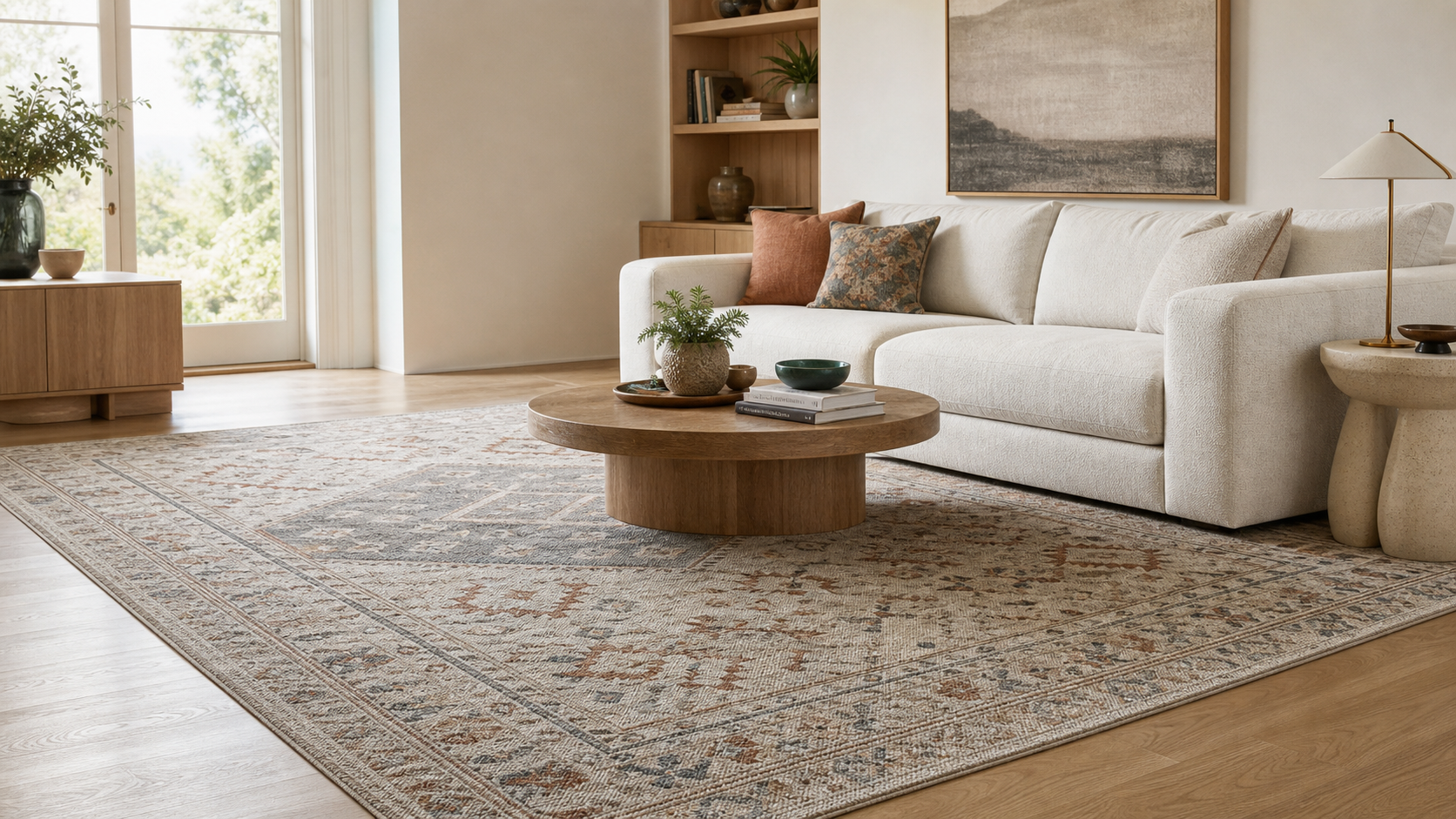 A patterned Rugius area rug styled in a bright living room.